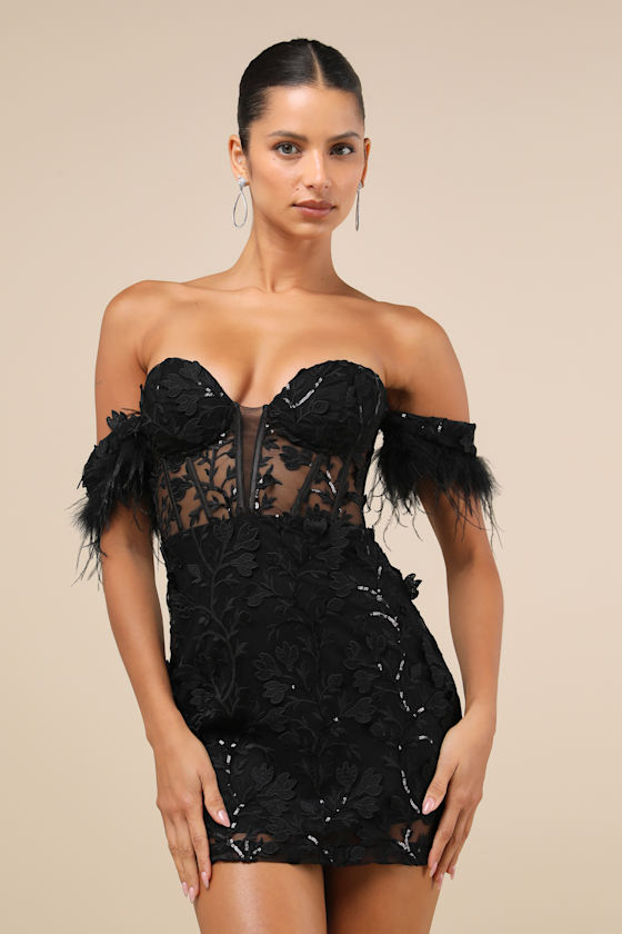Lulus Midnight Sparkles Black Embroidered Feather Bustier Mini Dress In Black