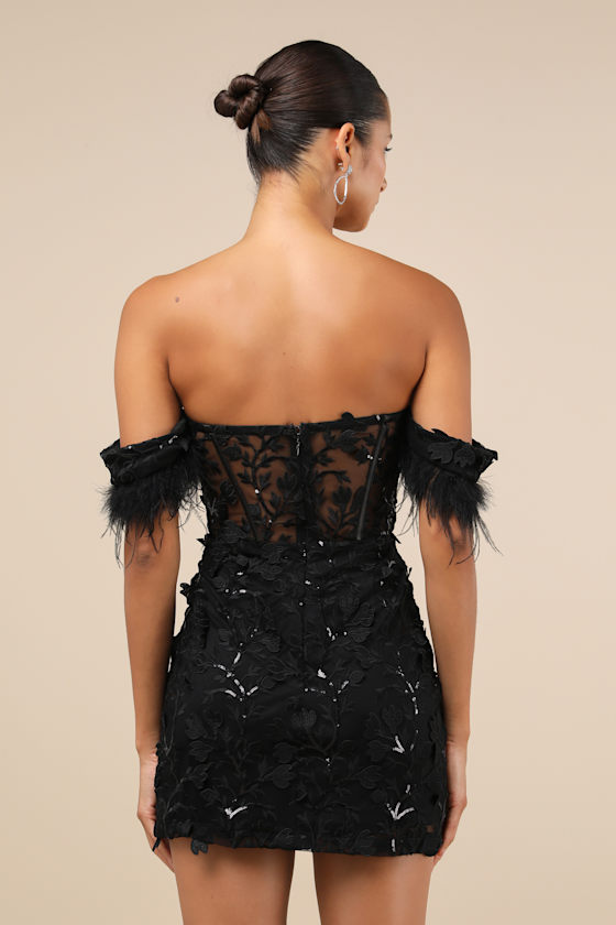 Black OTS Mini Dress - Sequin Embroidered Dress - Feather