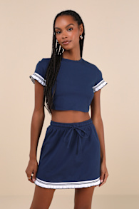 Sweet Score Navy Blue Ruffled Drawstring High-Rise Mini Skirt 2