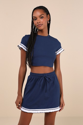 Sweet Score Navy Blue Ruffled Drawstring High-Rise Mini Skirt 2