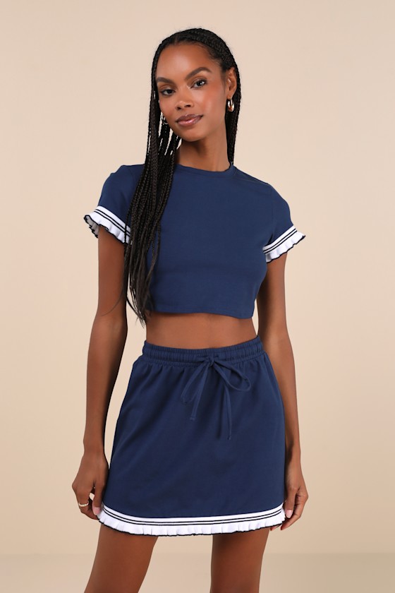 Sweet Score Navy Blue Ruffled Drawstring High-Rise Mini Skirt 2