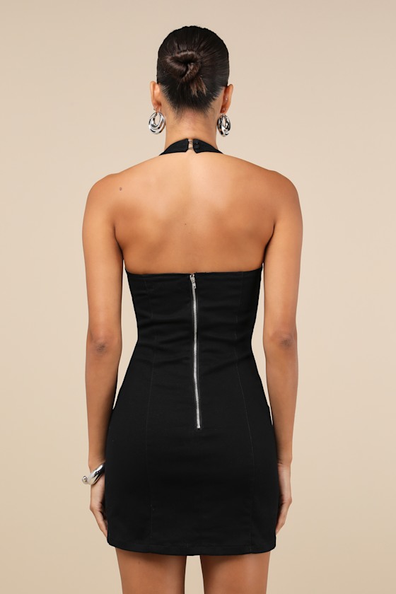 Distinctly Adorable Black Denim Halter Button-Front Mini Dress 4