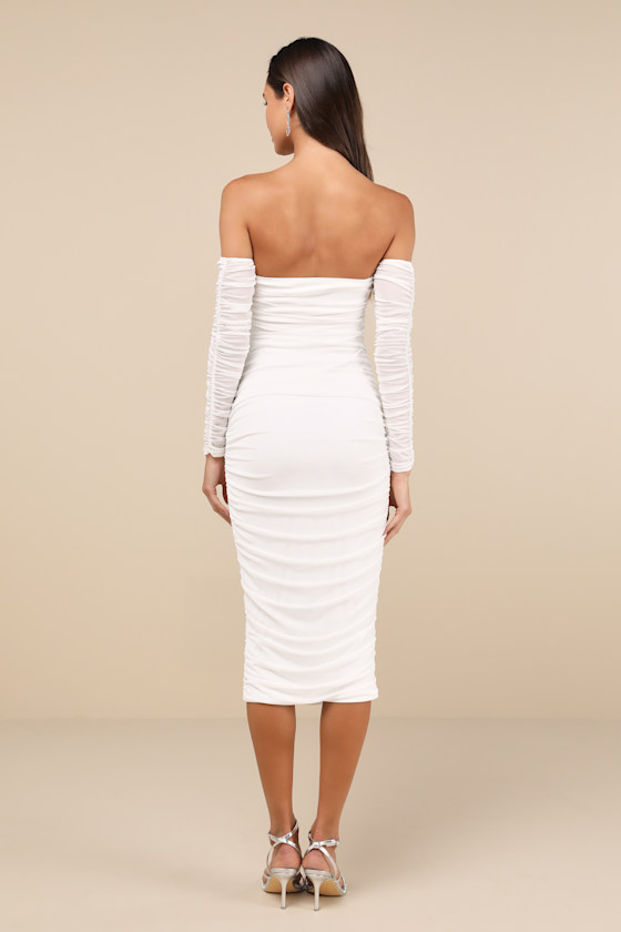 Lulus Desirable Date Ivory Mesh Ruched Off-the-shoulder Midi Dress In Ivory