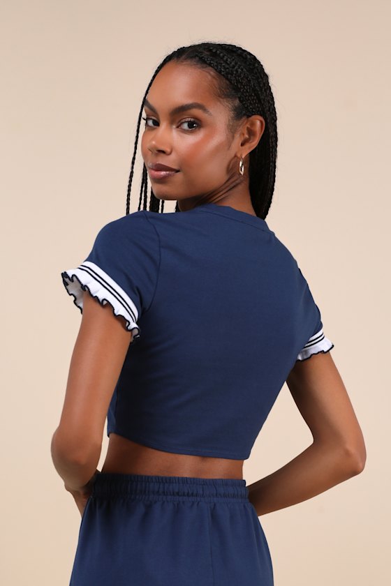 LULUS SWEET SCORE NAVY BLUE RUFFLED SHORT SLEEVE CROP TOP
