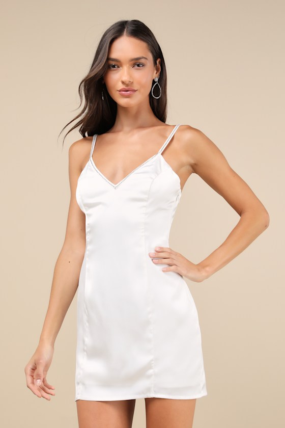 Lulus Glowing Intuition White Satin Rhinestone Bow Mini Dress In White