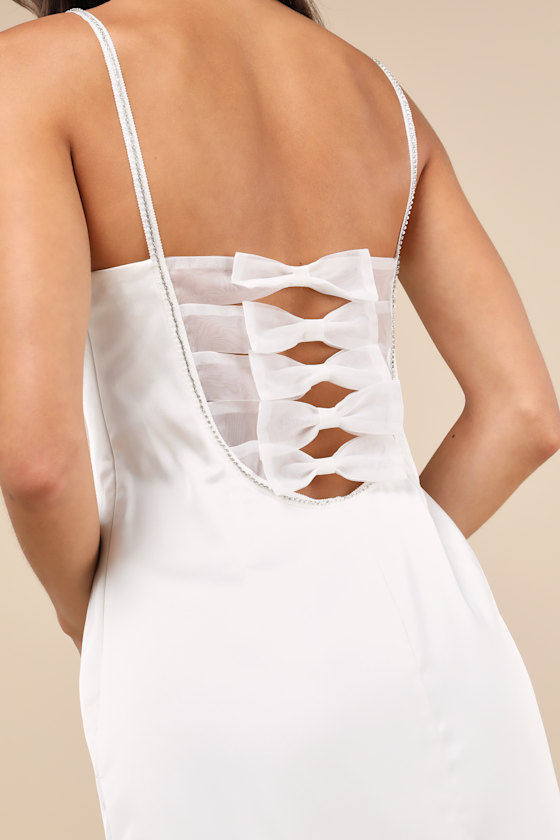 Lulus Glowing Intuition White Satin Rhinestone Bow Mini Dress In White