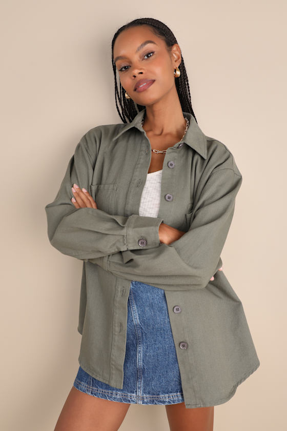 Cute Utility Olive Green Twill Shacket 1