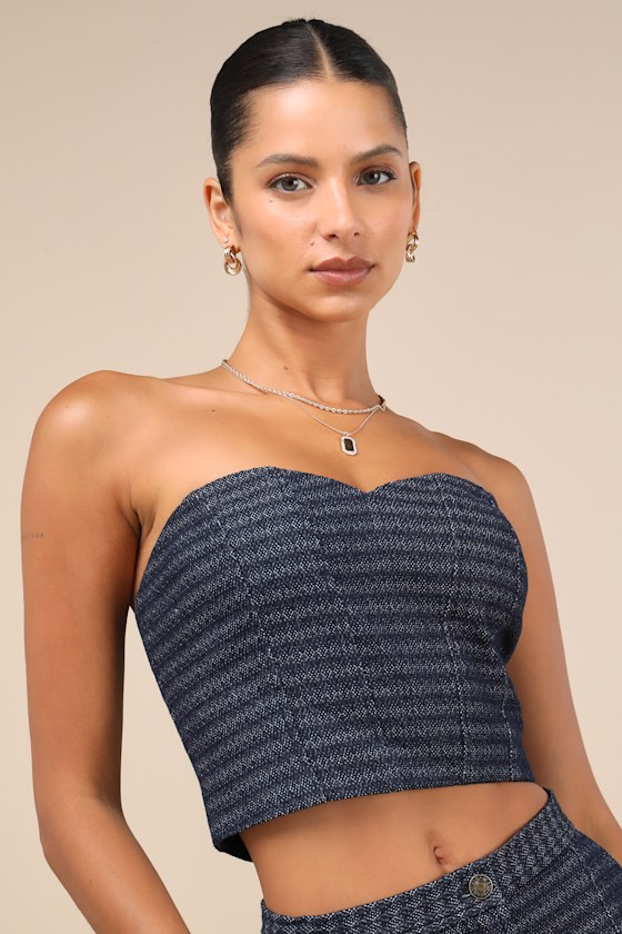 Lulus Carefree Fantasy Navy Blue Tweed Strapless Crop Top In Navy Blue