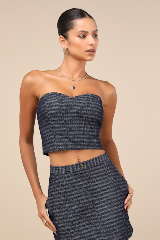 Lulus Carefree Fantasy Navy Blue Tweed Strapless Crop Top In Navy Blue
