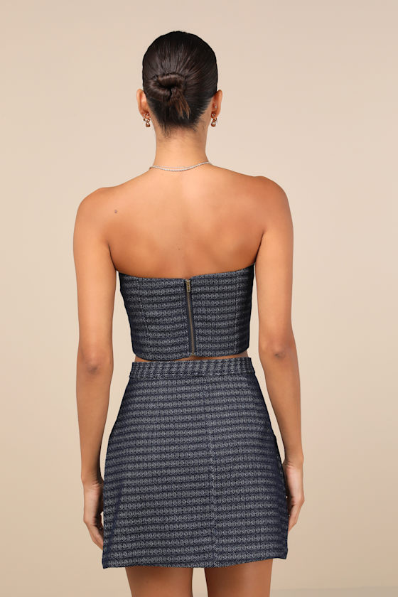 Lulus Carefree Fantasy Navy Blue Tweed Strapless Crop Top In Navy Blue
