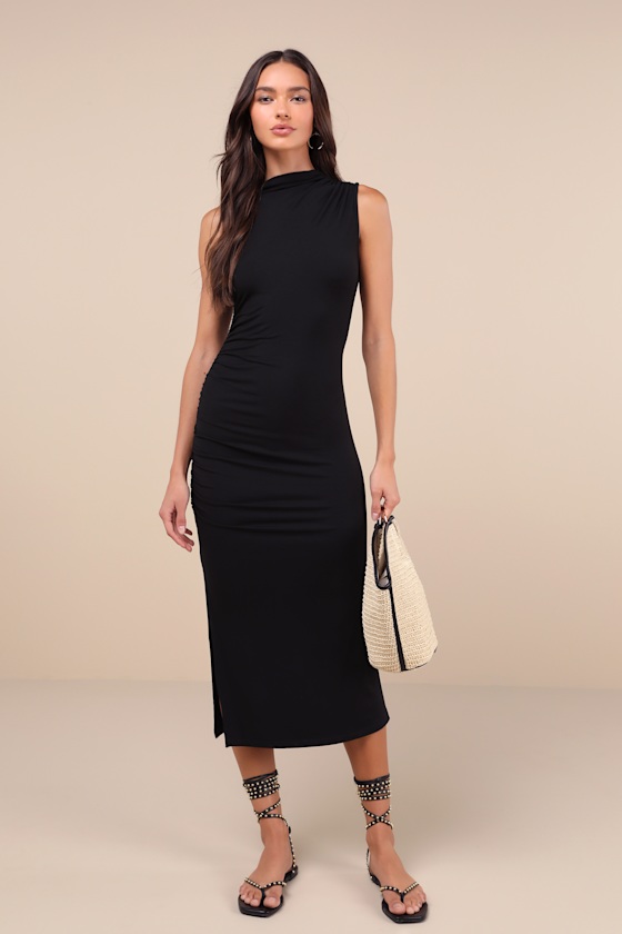 Elevated Presence Black Sleeveless Ruched Funnel Neck Midi Dress 1