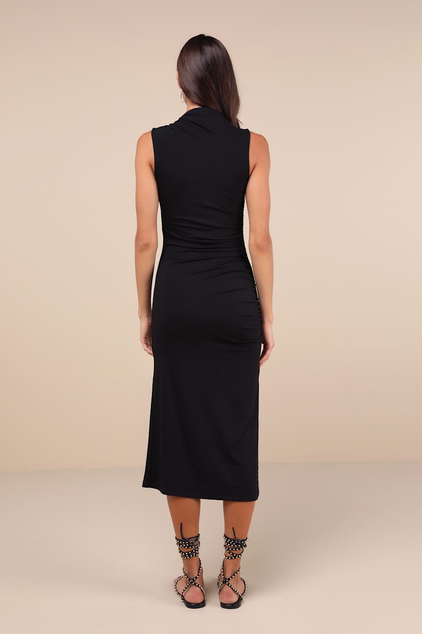 Elevated Presence Black Sleeveless Ruched Funnel Neck Midi Dress
