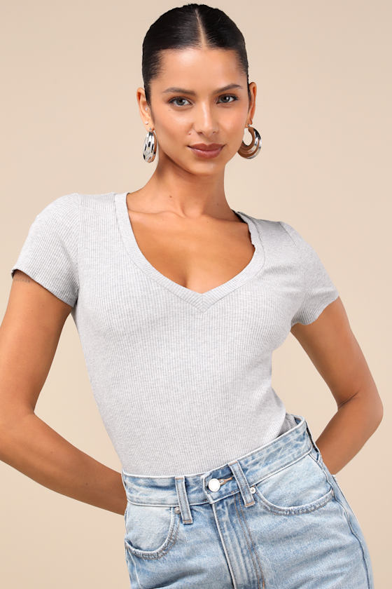 Lulus Versatile Pick Heather Grey Ribbed Knit Short Sleeve Bodysuit In Heather Grey