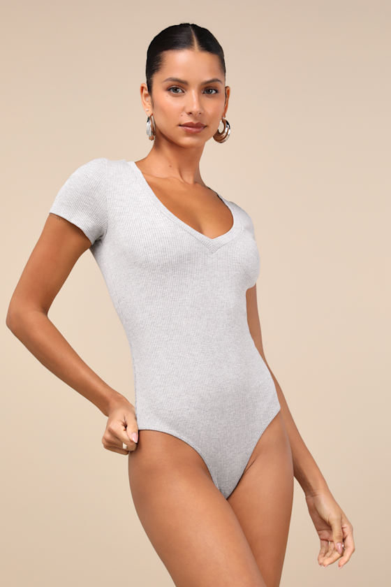 Lulus Versatile Pick Heather Grey Ribbed Knit Short Sleeve Bodysuit In Heather Grey