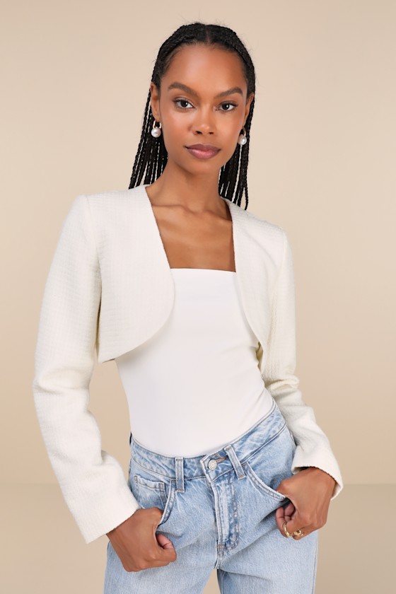 Compellingly Posh Ivory Tweed Lurex Cropped Bolero Jacket 2