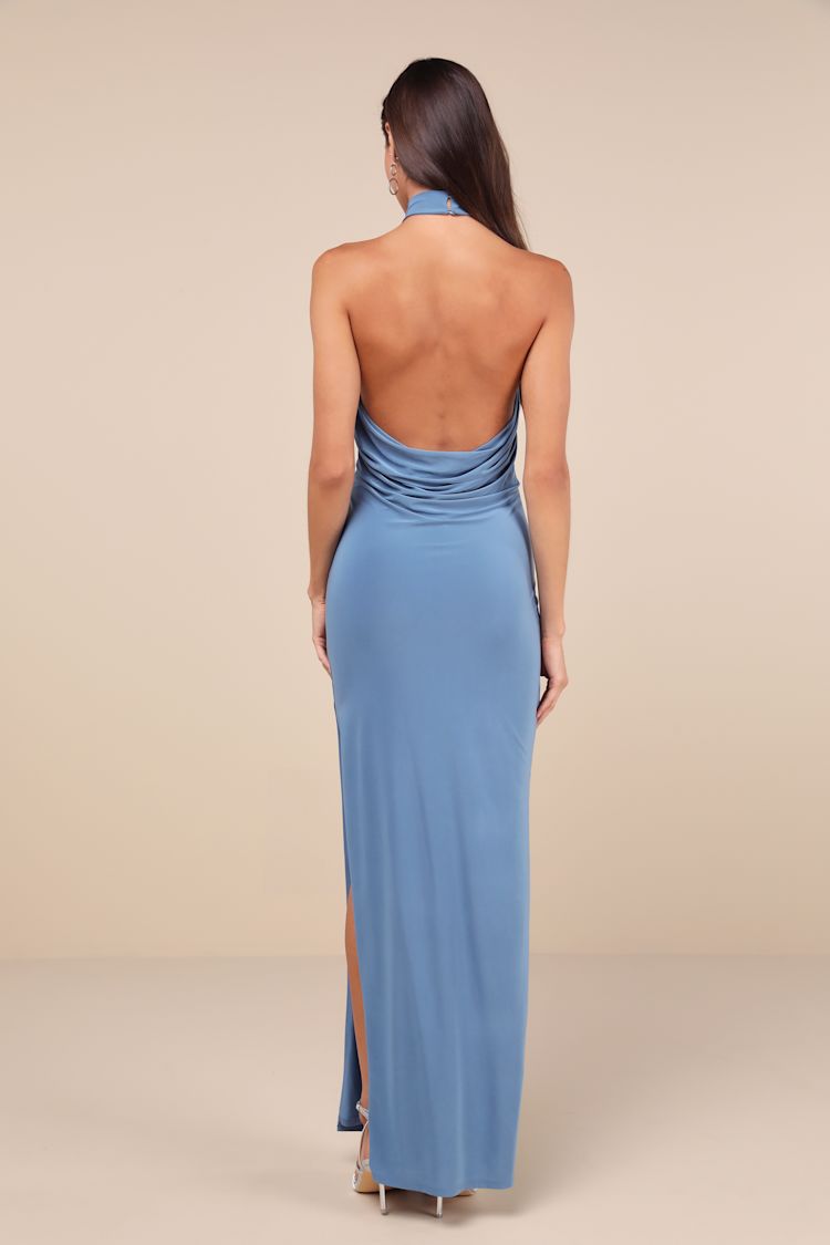 Flawless Expression Blue Mock Neck Halter Maxi Dress