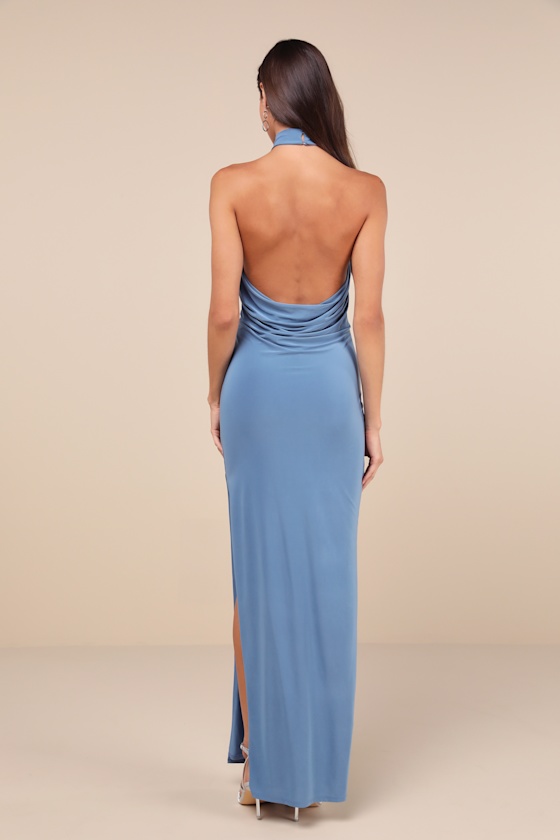 Flawless Expression Blue Mock Neck Halter Maxi Dress 3