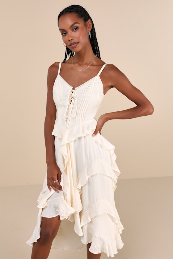 Playful Style Beige Lace-Up Ruffled High-Low Midi Dress 1