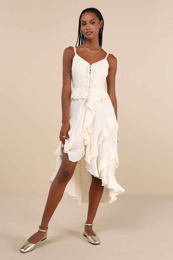 Lulus Playful Style Beige Lace-up Ruffled High-low Midi Dress In Beige
