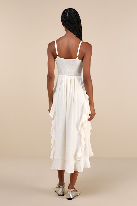Lulus Playful Style Beige Lace-up Ruffled High-low Midi Dress In Beige