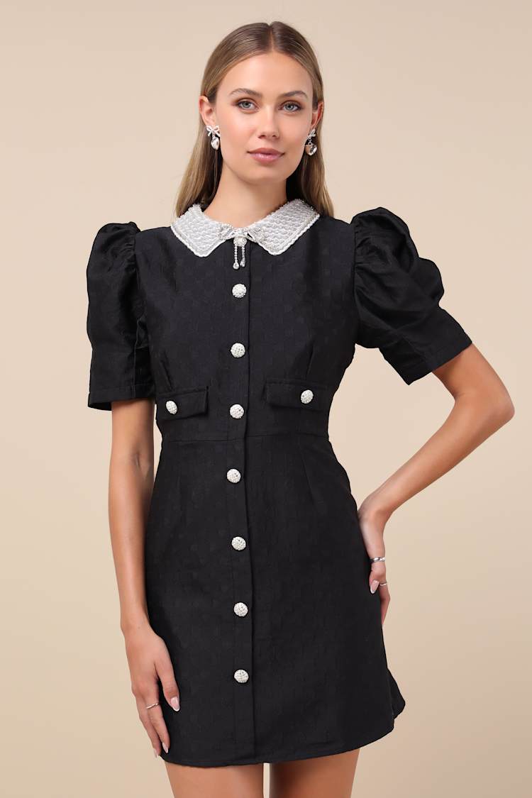 Sister Jane Dallas Jewels - Black Mini Dress - Button-Front Dress 