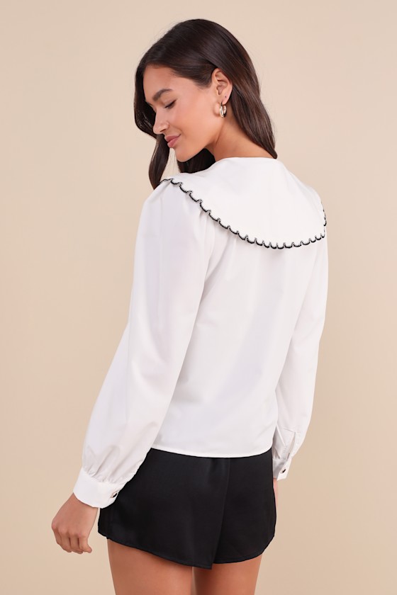 Saloon White Statement Collar Long Sleeve Button-Up Top 3