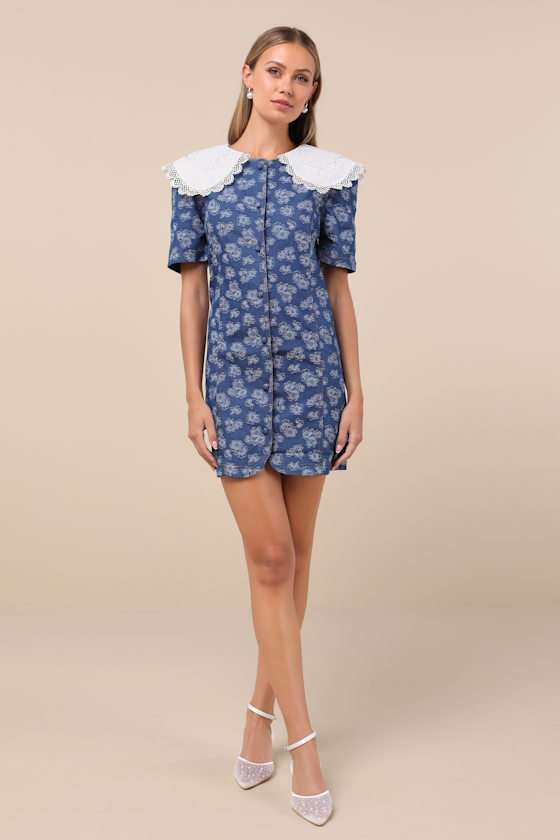 Sister Jane Wildflower - Blue Floral Dress - Collared Mini Dress