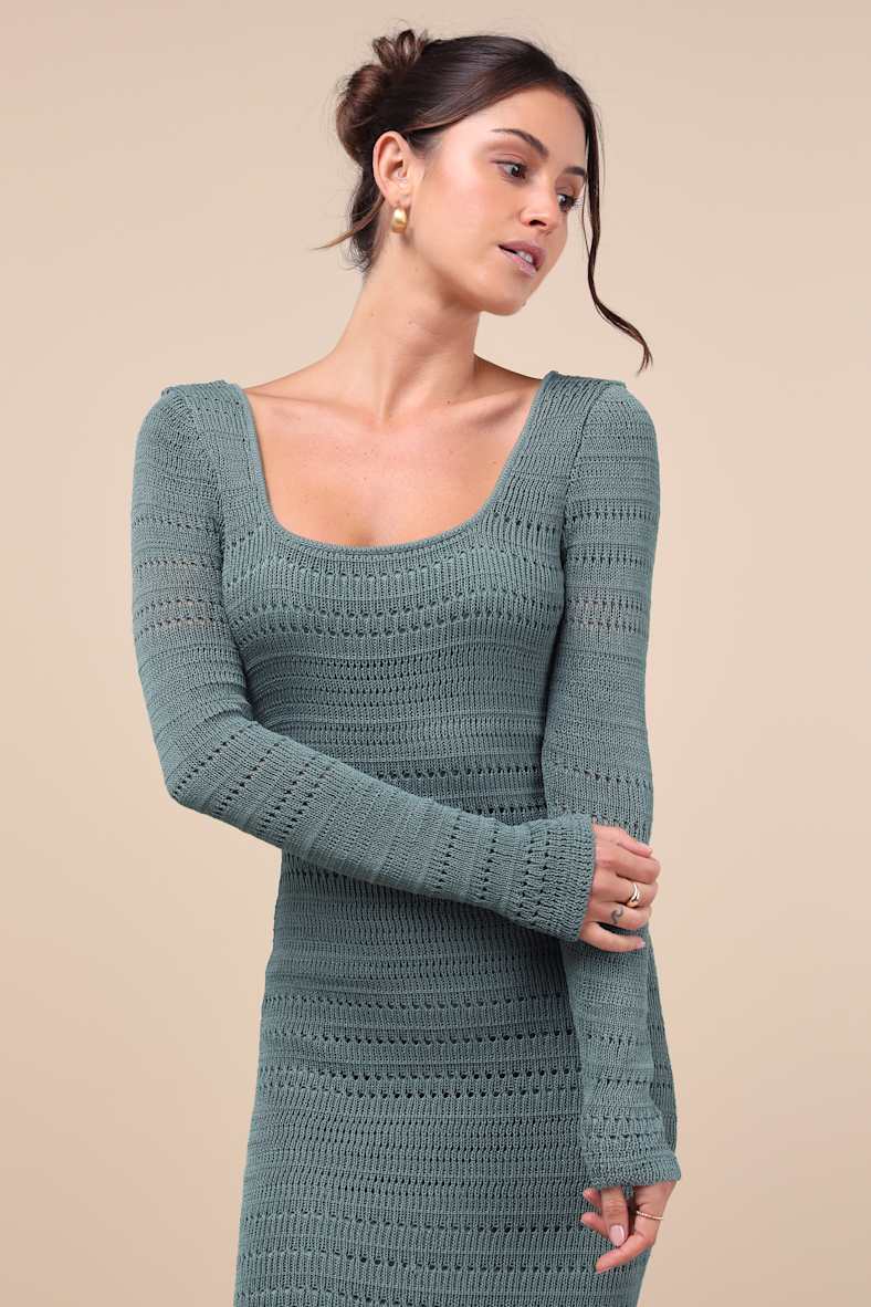 Sunset Moments Sage Crochet Long Sleeve Trumpet Midi Dress