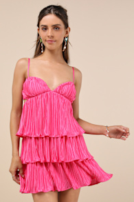 Sleek Dedication Hot Pink Satin Plisse Cutout Tiered Mini Dress 1