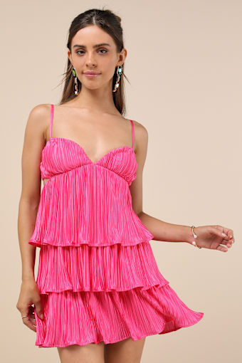 Sleek Dedication Hot Pink Satin Plisse Cutout Tiered Mini Dress 1
