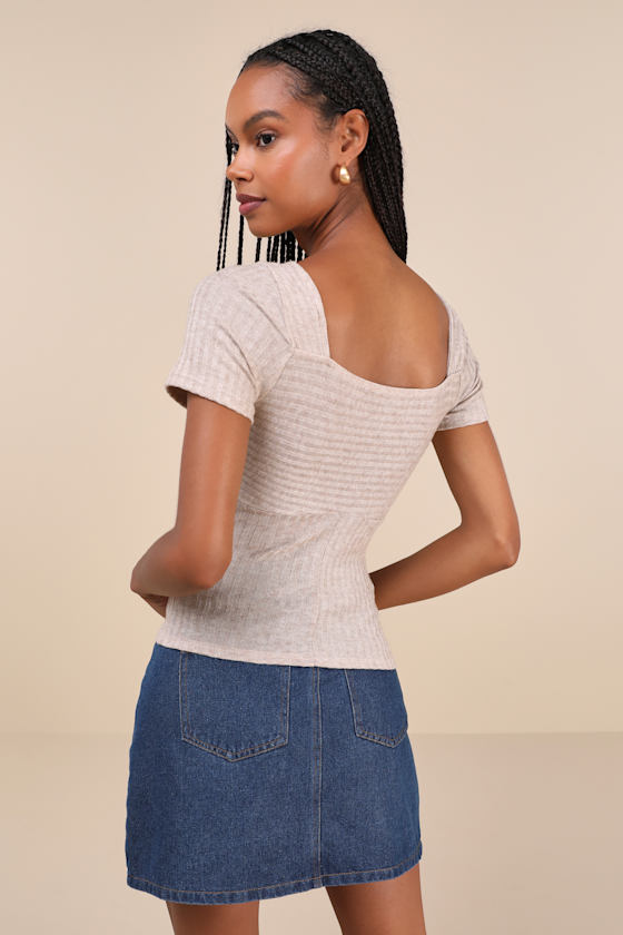 Lulus Quintessential Muse Heather Beige Ribbed Short Sleeve Top In Beige