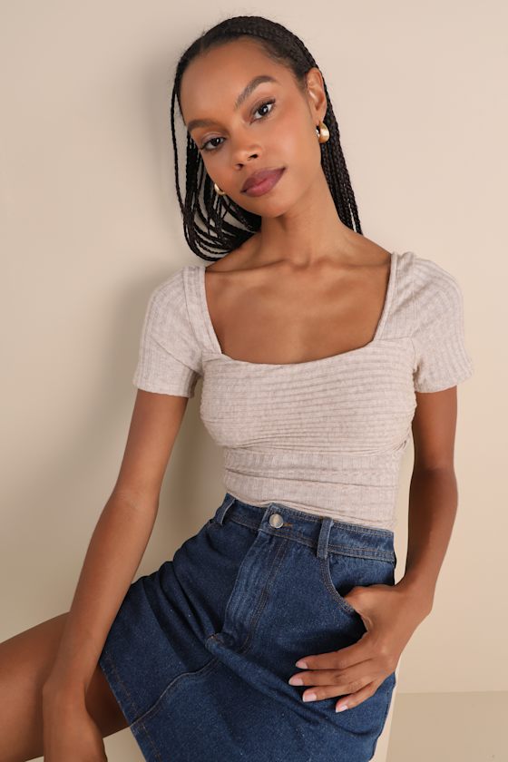 Lulus Quintessential Muse Heather Beige Ribbed Short Sleeve Top In Beige