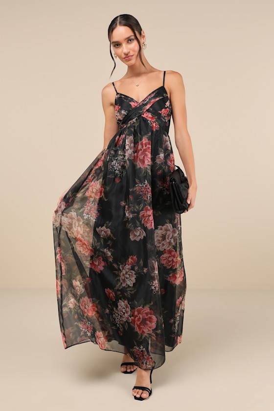Truly Extraordinary Black Floral Organza Pleated Maxi Dress 2