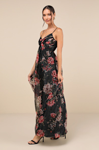 Truly Extraordinary Black Floral Organza Pleated Maxi Dress 3