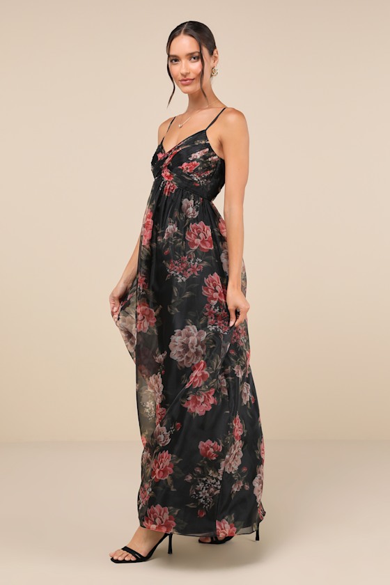 Truly Extraordinary Black Floral Organza Pleated Maxi Dress 3