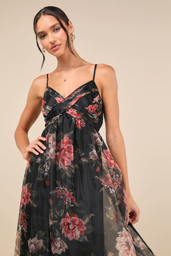black tea length dresses BABARONI Chiffon Mother of the Bride A-line Scoop Elbow Black Floral Chiffon Midi Lolita Size:Age 6