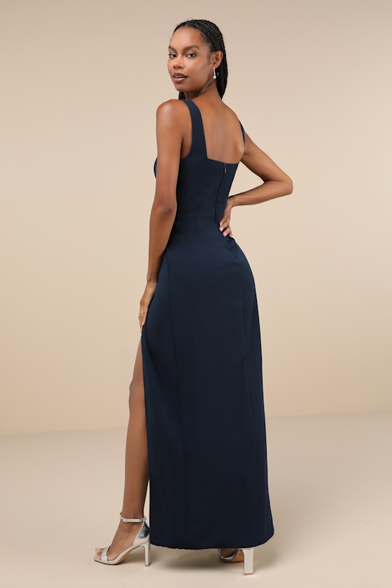 Lulus Glamorous Disposition Navy Ruched Maxi Dress In Navy