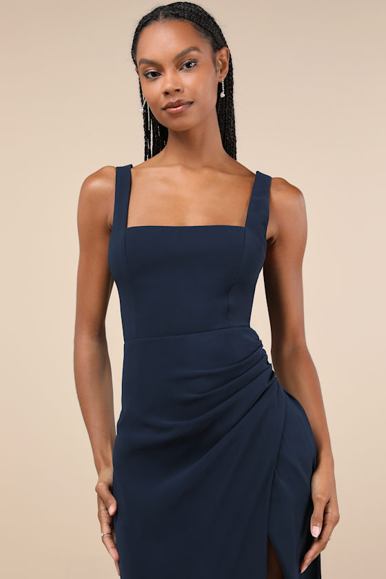 Lulus Glamorous Disposition Navy Ruched Maxi Dress In Navy