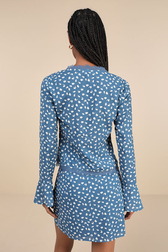 Lulus Adorable Composure Blue Floral Lace Tie-front Long Sleeve Top In Blue