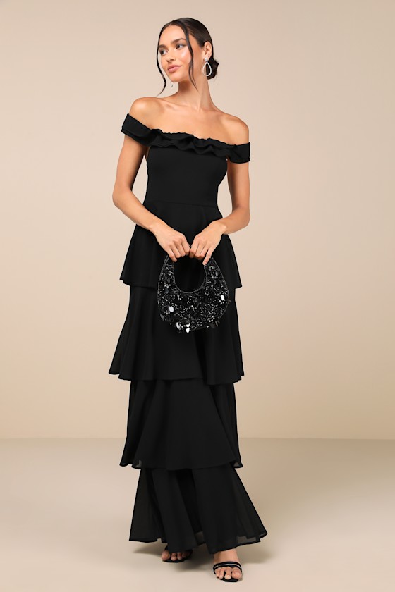 Shop Lulus Delightful Essence Black Off-the-shoulder Tiered Maxi Dress