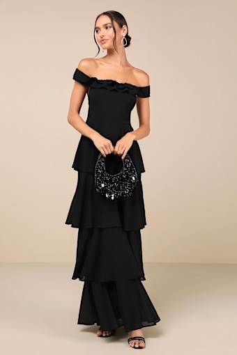 Delightful Essence Black Off-the-Shoulder Tiered Maxi Dress 1