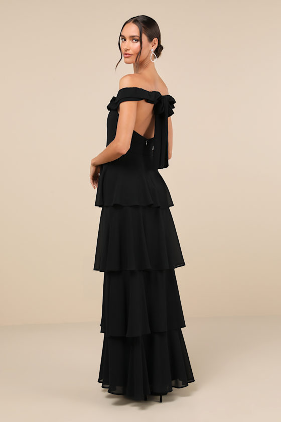 Shop Lulus Delightful Essence Black Off-the-shoulder Tiered Maxi Dress