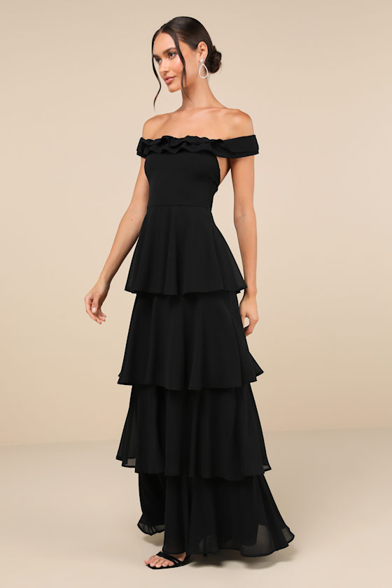 Shop Lulus Delightful Essence Black Off-the-shoulder Tiered Maxi Dress