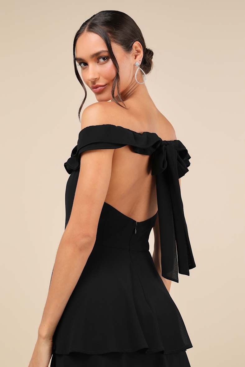 Delightful Essence Black Off-the-Shoulder Tiered Maxi Dress