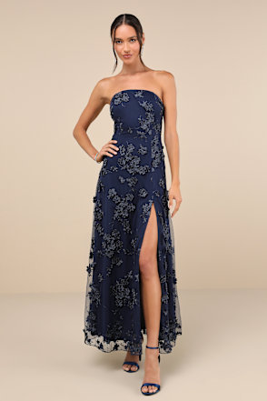 abundant charm navy blue 3d floral applique maxi dress Rare Presence Navy Blue 3D Floral Embroidered Maxi Dress