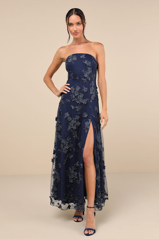 Rare Presence Navy Blue 3D Floral Embroidered Maxi Dress 1