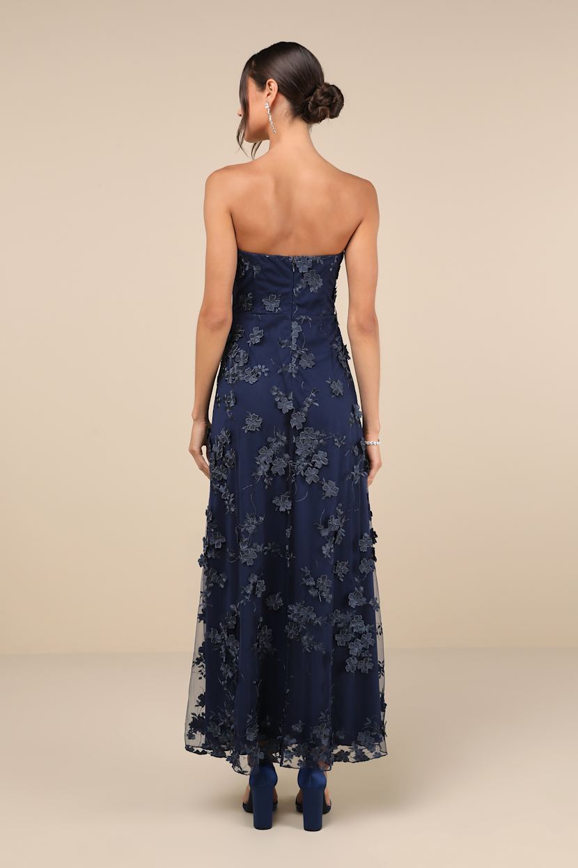 Navy Blue 3D Floral Embroidered Maxi Dress | Womens | Large (Available in M) | 100% Polyester | Lulus | Homecoming | Holiday Dresses | Prom