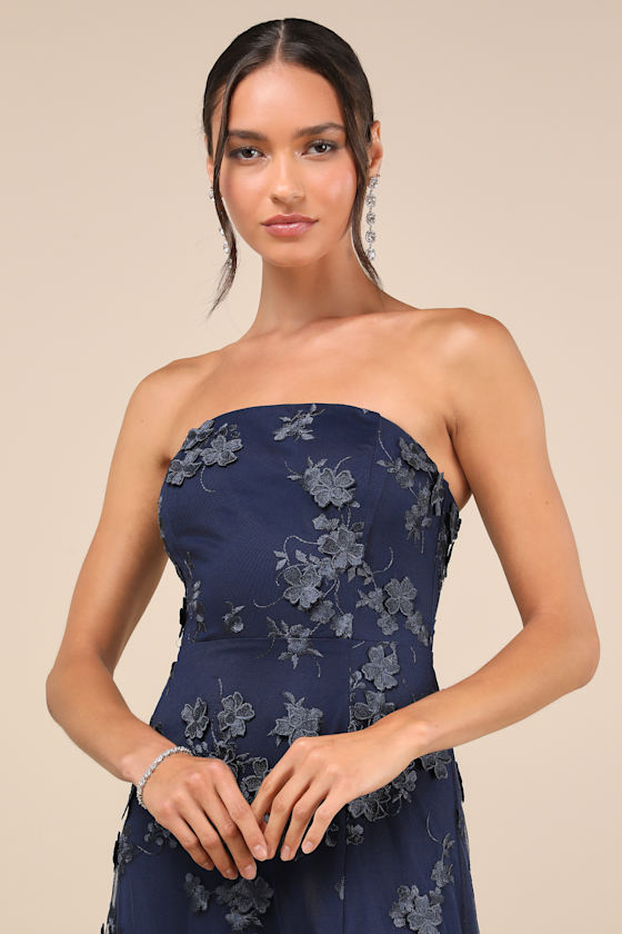 Lulus Rare Presence Navy Blue 3d Floral Embroidered Maxi Dress In Navy Blue