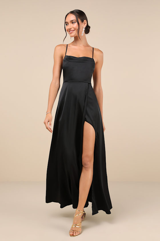 So Loving Black Satin Pleated Lace-Up Backless Maxi Dress 4