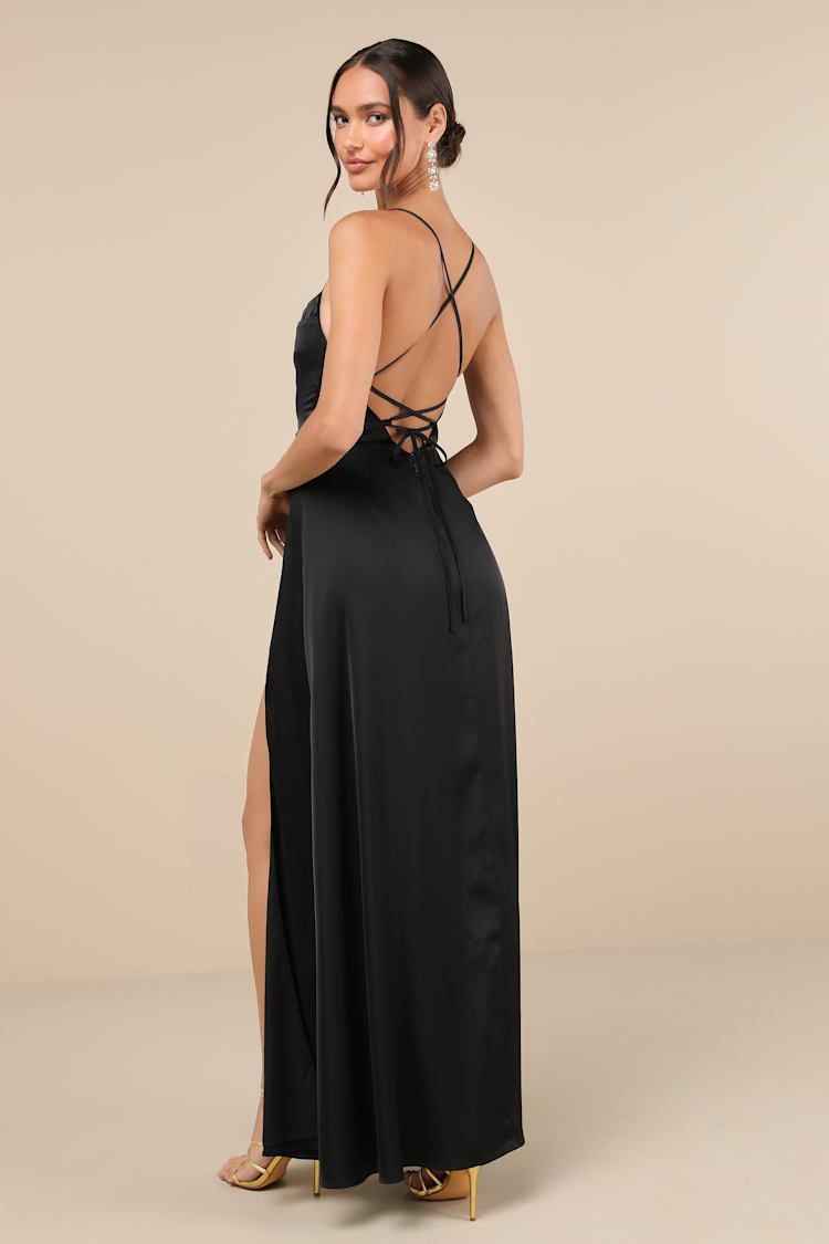 So Loving Black Satin Pleated Lace-Up Backless Maxi Dress
